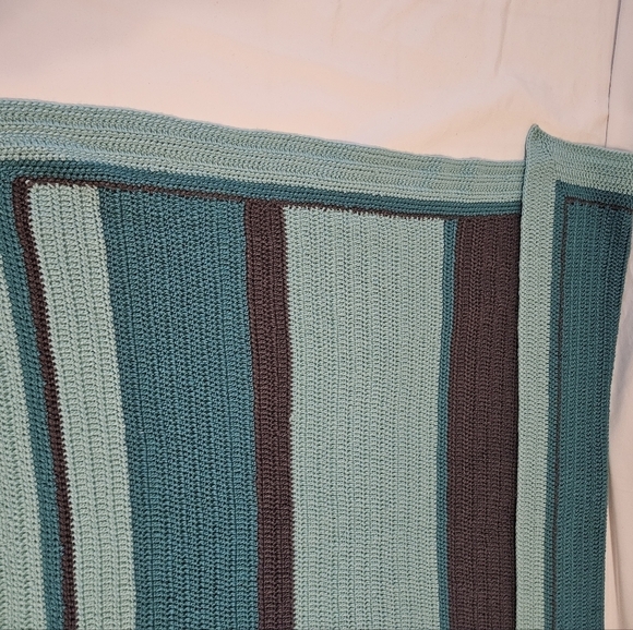 Handmade Upcycled Baby Blanket Blue Brown Striped Hand knit Crochet Nursery Gift - Picture 10 of 16